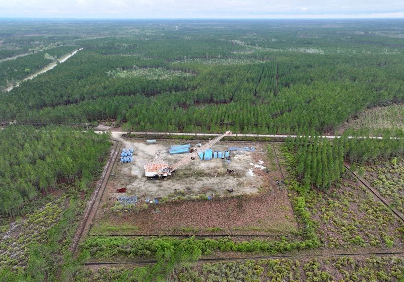 Drone photograph shows the Twin Pines mine site on Monday in Charlton County. The site is less than three miles from the Okefenokee National Wildlife Refuge.