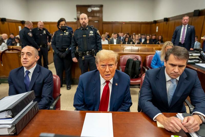 Former President Donald Trump sits in the court room with his lawyers at Manhattan Criminal Court in New York, Thursday, April 25 2024. (Mark Peterson/Pool Photo via AP)