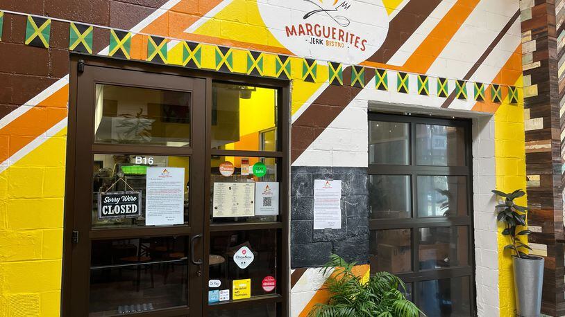 The exterior of Marguerite's Jerk Bistro, which closes in March at the Beacon in Grant Park. / Yvonne Zusel, yzusel@ajc.com