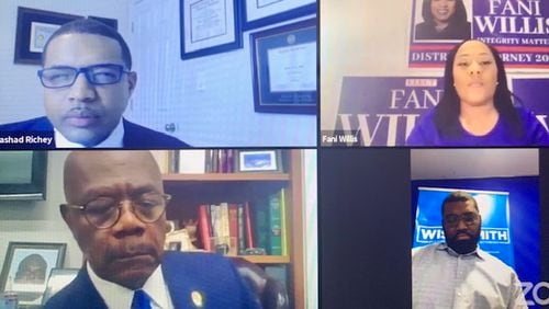 Paul Howard (bottom left) faced off in a virtual debate Monday with two former deputies seeking to replace him as Fulton County District Attorney. Fani Willis (top right) and Christian Wise-Smith (bottom right) accused their former boss of running a dysfunctional, ineffective office.