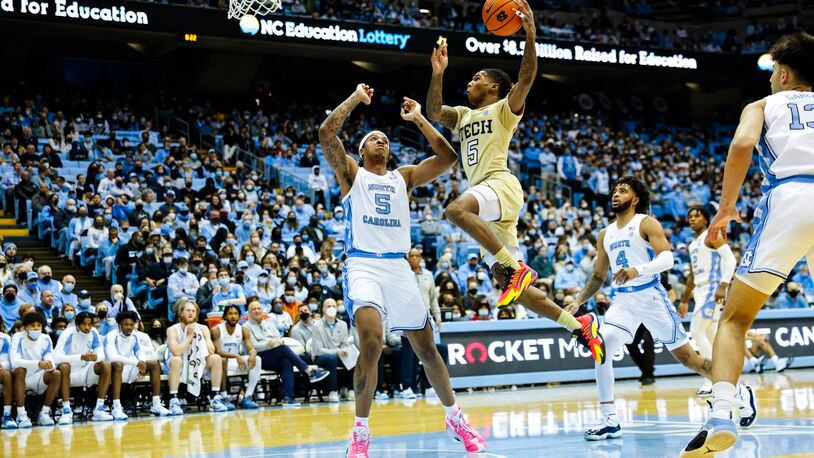 Georgia Tech guard Deivon Smith scored 16 points in the Yellow Jackets' 88-65 loss to North Carolina on Jan. 15 in Chapel Hill, North Carolina. In the past five games for the Yellow Jackets, Smith is averaging 8.6 points, 5 rebounds, 2.6 assists, 1 steal and 1.6 turnovers in 20.6 minutes coming off the bench. (Jaylynn Nash)