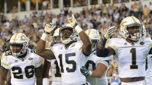October 21, 2017 Atlanta - Georgia Tech running back Jerry Howard (15) celebrates with teammates after he scored a touchdown in the first half of an NCAA college football game at Bobby Dodd Stadium on Saturday, October 21, 2017. HYOSUB SHIN / HSHIN@AJC.COM
