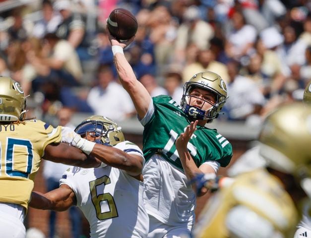 Georgia Tech quarterback Brody Rhodes (16) throws long during the Spring White and Gold game at Bobby Dodd Stadium at Hyundai Field In Atlanta on Saturday, April 13, 2024.   (Bob Andres for the Atlanta Journal Constitution)