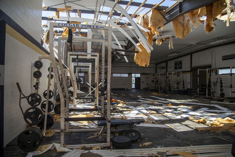 The roof of Newnan High School's gymnasium and weight room saw damage. (Alyssa Pointer / Alyssa.Pointer@ajc.com)