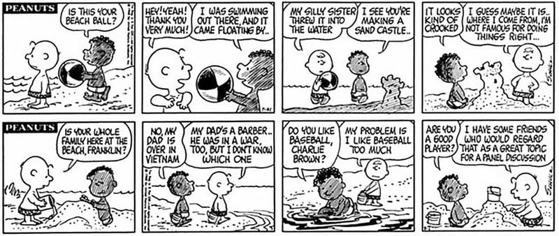 The first two “Peanuts” comic strips introducing the character Franklin, from July 31-Aug. 1, 1968. (Charles Schulz / 1968 Peanuts Worldwide LLC)