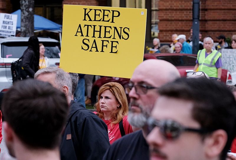 People gather at a “Make Athens Safer” rally at City Hall in Athens, Georgia on Tuesday evening, March 5, 2024.  (Nell Carroll for The Atlanta Journal-Constitution)