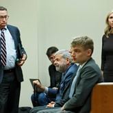 October 11, 2019 - Decatur - The defense team, including (from left), Richard Hyde, Don Samuel,  Lucas Alfen and Amanda Clark Palmer, wait for another case to clear the courtroom so that they can take up some questions from the jury.  Jury deliberations in the Robert "Chip" Olsen murder trial entered their fifth day.  Bob Andres / robert.andres@ajc.com