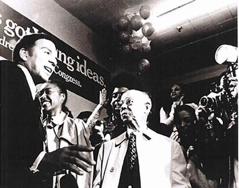 At the center of this 1972 victory party photo, with its balloons, massed cameras and an ebullient, newly elected U.S. Congressman Andrew Young, is the peaceful, stern smile of Young's father, Andrew Jackson Young Sr. What it represents to photographer Boyd Lewis: "Quiet satisfaction and pride."