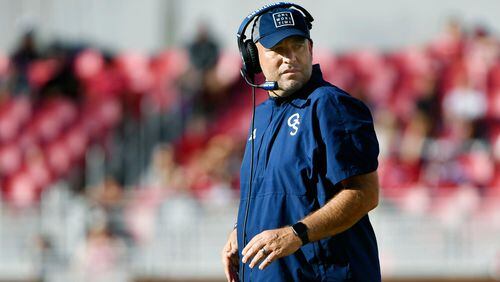 Georgia Southern coach Chad Lunsford watches his team during the second half against the Arkansas Razorbacks Saturday, Sept. 18, 2021, in Fayetteville, Ark. (Michael Woods/AP)
