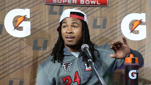 Falcons running back Devonta Freeman takes questions on Super Bowl Opening Night on Monday, Jan. 30, 2017, at Minute Maid Park in Houston.