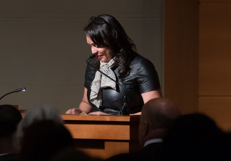 Pulitzer Prize-winning poet Natasha Trethewey reads poetry during the final week of the First Folio event at The Carlos Museum at Emory University, Monday, Dec. 5, 2016, in Atlanta. The Folio is the only surviving original copy of all of Shakespeare?s plays, compiled by a couple of his friends right after his death. Branden Camp/Special