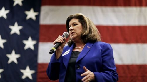Republican candidate for 6th congressional district Karen Handel speaks at a campaign event where she was joined by House Speaker Paul Ryan in Dunwoody, Ga., Monday, May 15, 2017. (AP Photo/David Goldman)