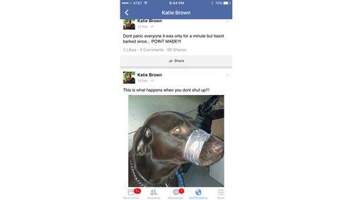 Katharine F. Lemansky, 45, is facing charges of animal cruelty in North Carolina after she posted a photo of a dog with duct tape around its muzzle on Facebook, under the user name Katie Brown.