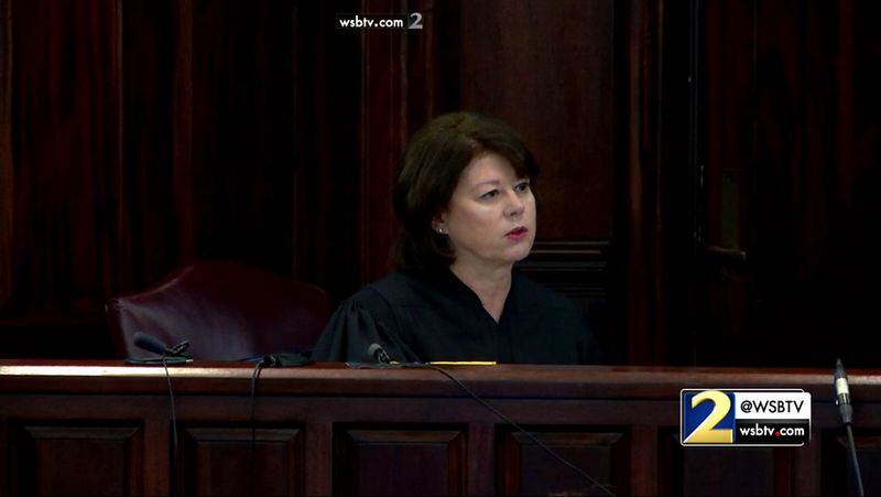 Judge Mary Staley Clark informs the jury about the closing arguments they're about to hear during the murder trial of Justin Ross Harris at the Glynn County Courthouse in Brunswick, Ga., on Monday, Nov. 7, 2016. (screen capture via WSB-TV)