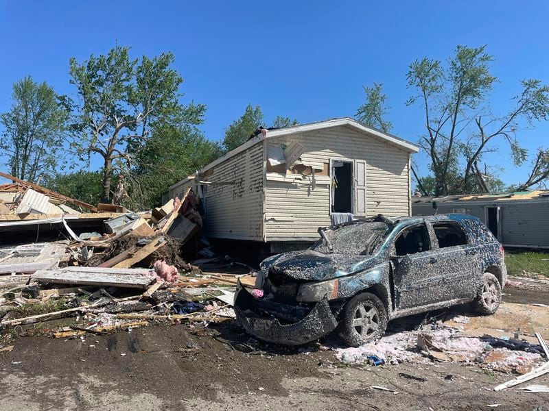 A mobile park home at Pavilion Estates near Kalamazoo, Mich. is destroyed on the morning of Wednesday, May 8, 2024 after a tornado had swept through the night before. (AP Photo/Joey Cappelletti)