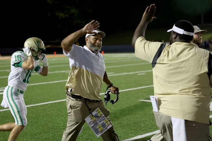 August 20, 2021 - Kennesaw, Ga: Buford head coach Bryant Appling reacts after Buford recovered the onside kick to secure their win against North Cobb at North Cobb high school Friday, August 20, 2021 in Kennesaw, Ga.. Buford won 35-27. JASON GETZ FOR THE ATLANTA JOURNAL-CONSTITUTION