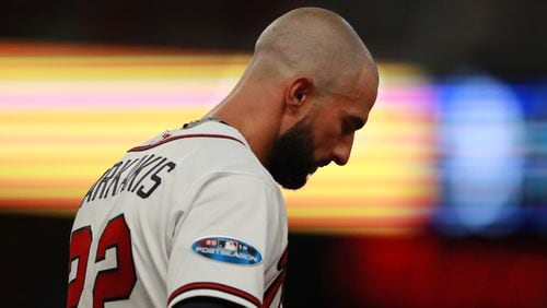Atlanta Braves Nick Markakis reacts after flying out to the Los Angeles Dodgers during the 7th inning in Game 4 of a National League Division Series baseball game on Monday, Oct 8, 2018, in Atlanta.   Curtis Compton/ccompton@ajc.com
