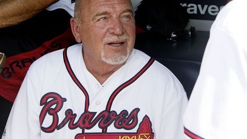 Leo Mazzone catches up with former players before a softball game with the 1995 Braves team against other Braves alumni at Turner Field in Atlanta on Saturday August 8th, 2015. (Photo by Phil Skinner)