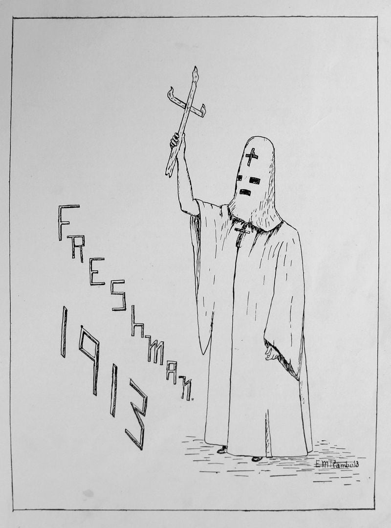 This drawing of a hooded and robed figure is from the 1910 yearbook, one of the first representations of Klan imagery. BOB ANDRES /BANDRES@AJC.COM