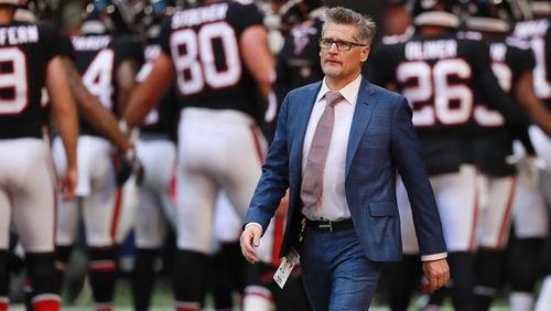 Atlanta Falcons general manager Thomas Dimitroff watches the team prepare to play the Seattle Seahawks Sunday, Oct. 27, 2019, in Atlanta.