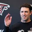 Falcons offensive coordinator Zac Robinson speaks to members of the media at the Atlanta Falcons Practice Facility, Wednesday, February 14, 2024, in Flowery Branch, Ga. (Jason Getz / jason.getz@ajc.com)