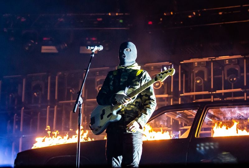 Tyler Joseph greets the State Farm Arena crowd from behind his trademark ski mask.  Photo: Ryan Fleisher/Special to the AJC