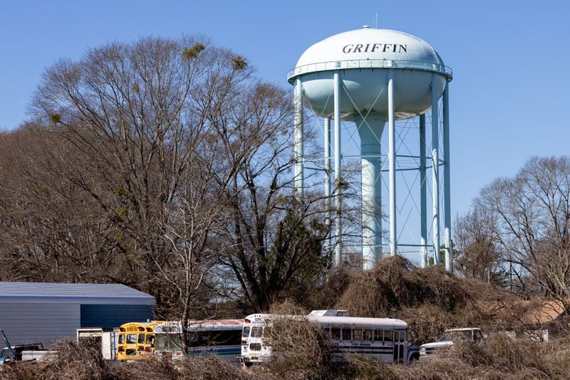A view of the Griffin water tower in Griffin on Monday, February 19, 2024. (Arvin Temkar / arvin.temkar@ajc.com)