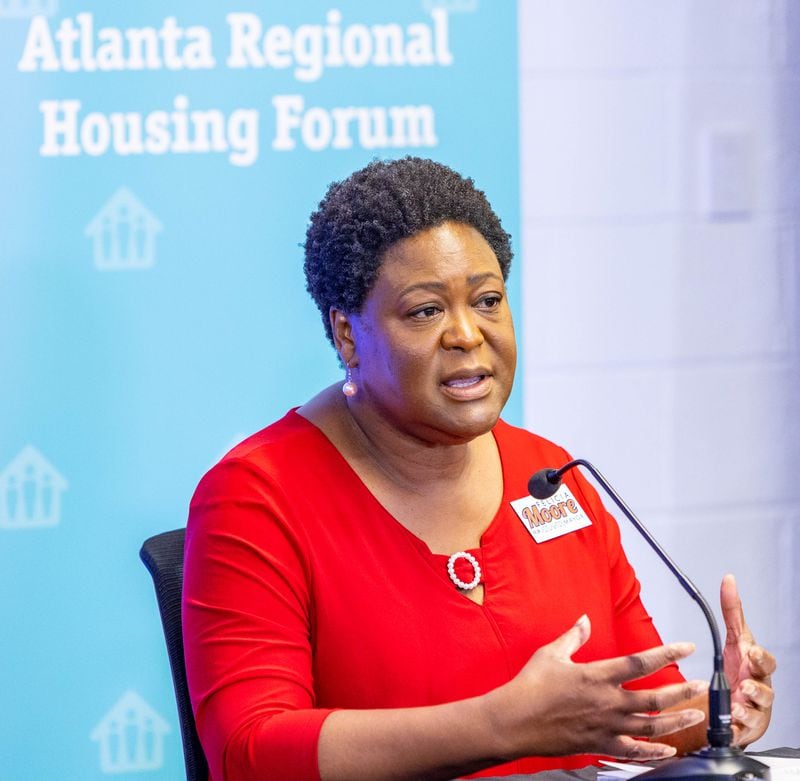 Felicia Moore participate in the Atlanta Regional Mayoral Forum, moderated by Bill Bolling, is centered around Atlanta's housing challenges and takes place in two parts Wednesday, Oct 6, 2021.   (Jenni Girtman for The Atlanta Journal-Constitution)