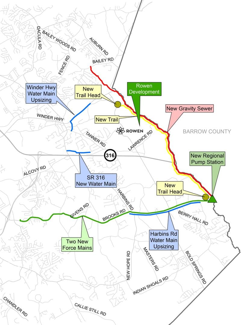 A map showing the upgrades and expansion of water and sewer services and new trails coming to the Dacula area. (Courtesy of Gwinnett County)
