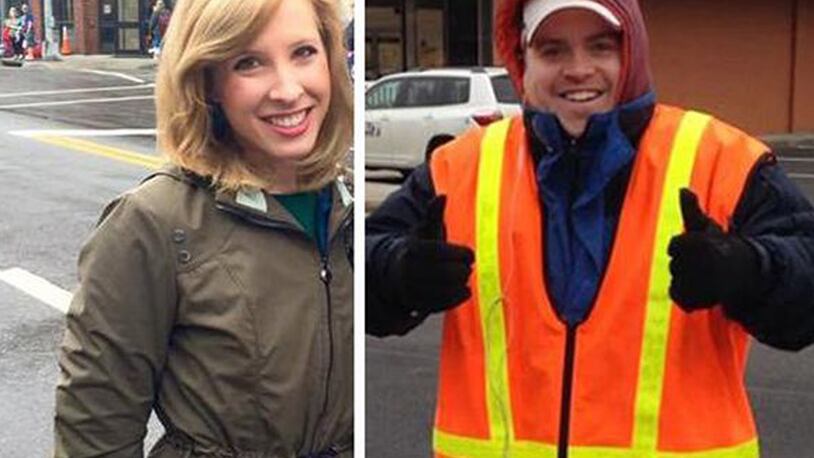This undated composite photograph made available by WDBJ-TV shows reporter Alison Parker, left, and cameraman Adam Ward. Parker and Ward were fatally shot during an on-air interview, Wednesday, Aug. 26, 2015, in Moneta, Va. Authorities identified the suspect as fellow journalist Vester Lee Flanagan II, who appeared on WDBJ-TV as Bryce Williams. Flanagan was fired from the station earlier this year. (Courtesy of WDBJ-TV via AP) MANDATORY CREDIT