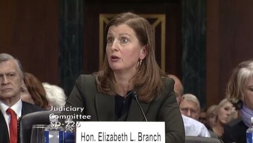 Georgia Court of Appeals Judge Elizabeth Branch fields questions from the Senate Judiciary Committee on Wednesday. (Frame capture from Senate video)