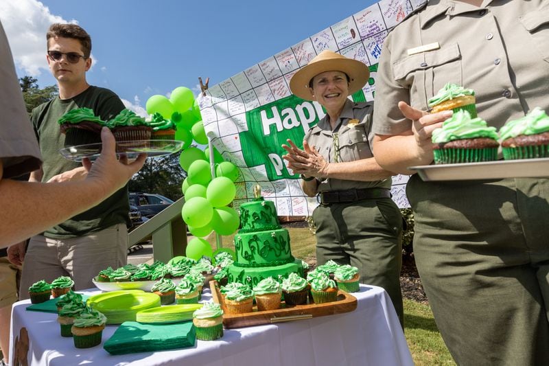 Jimmy Carter National Historical Park staff hand out cupcakes for a birthday celebration for former president Jimmy Carter at the national park in Plains on Saturday, September 30, 2023, the day before Carter’s 99th birthday. (Arvin Temkar / arvin.temkar@ajc.com)