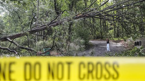 Anna Maria De Diego looks over a downed tree hanging across electrical wires in front of her home on Spalding Road near Hewlett Drive in Sandy Springs.