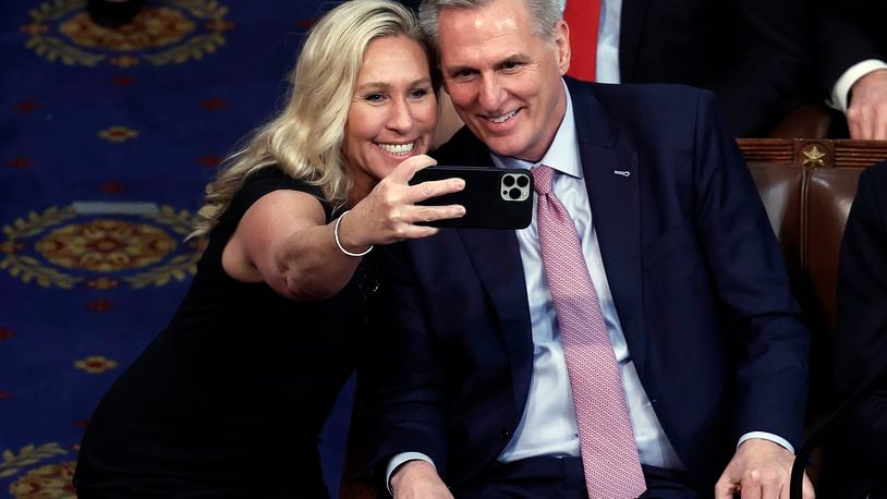 In this photo from Jan. 7, 2023, Rep. Marjorie Taylor Greene, R-Ga., takes a photo with U.S. House Republican Leader Kevin McCarthy, R-Calif., in the House Chamber at the U.S. Capitol Building in Washington, D.C. (Anna Moneymaker/Getty Images/TNS)