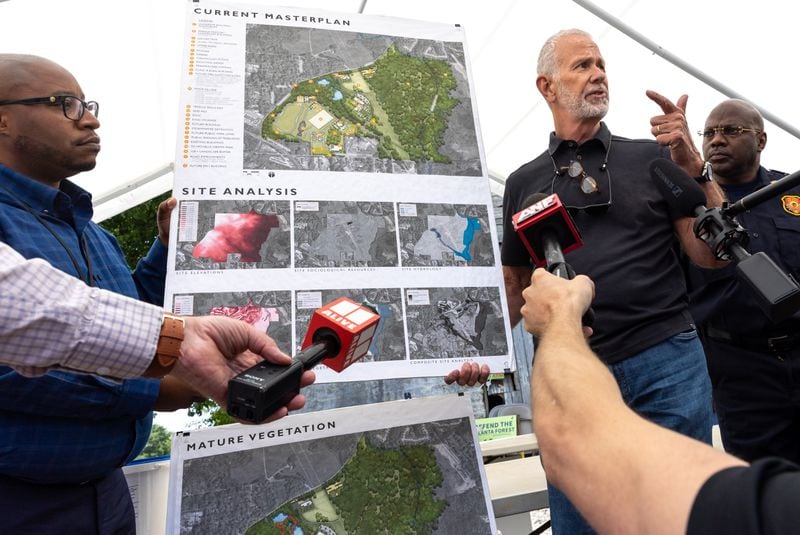 Bob Hughes, principal and founding partner of HGOR, speaks at a media tour of the Atlanta Public Safety Training Center Site in Atlanta on Friday, May 26, 2023. HGOR is the master planner of the site. (Arvin Temkar / arvin.temkar@ajc.com)