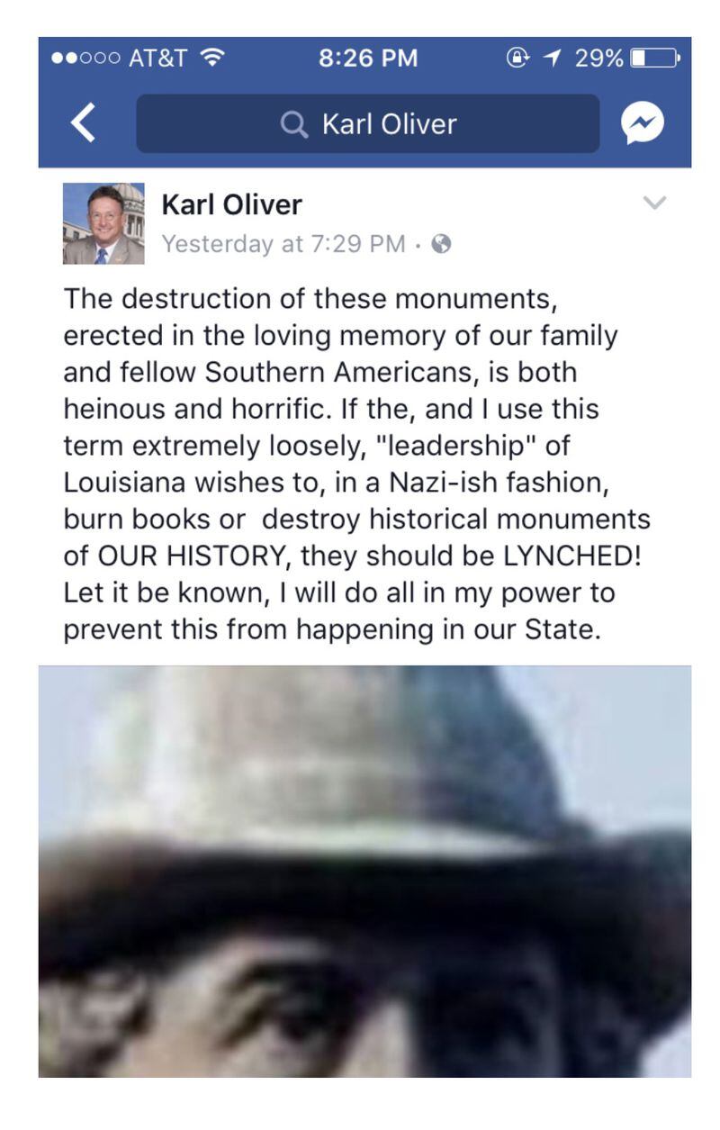 Facebook post by Mississippi legislator Karl Oliver went up Saturday night and was later taken down. (Capture by Mississippitoday.org)