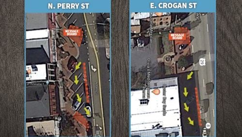 Lawrenceville established a drive-through pattern using parking spaces for restaurants and shops on the Downtown Square. (Courtesy City of Lawrenceville)