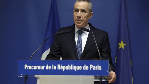 Paris prosecutor Francois Molins gives a press conference, in Paris, Friday, Nov. 25, 2016. Five men arrested this week in two French cities were planning a terror attack in France as early as next week and were receiving their orders from an Islamic State group member based in Iraq or Syria, Paris prosecutor Francois Molins said Friday. (AP Photo/Thibault Camus)