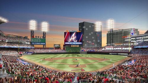 Renering of SunTrust Park shows signage associated with the Braves' deals with Delta Air Lines and Comcast.