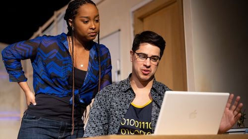 Irene Polk and Chris Hecke play analytical grad students in the romance “Completeness,” continuing through Feb. 12 at Stage Door Theatre.
Courtesy of Stage Door Theatre/Paul Ward Photography