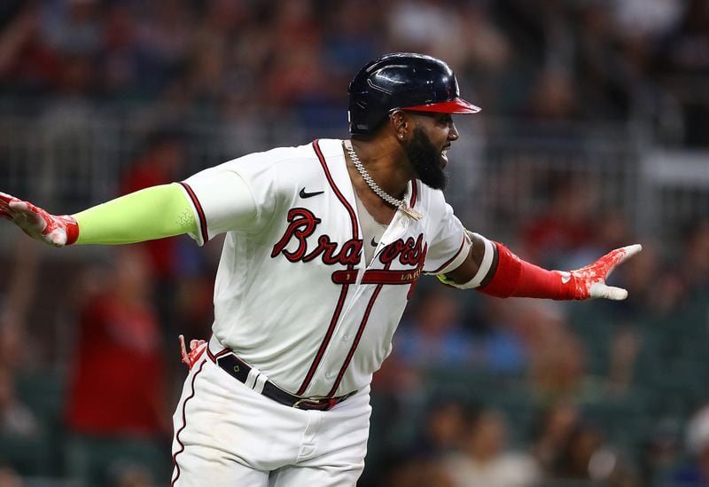 080222 Atlanta:  Atlanta Braves designated hitter Marcell Ozuna reacts to his RBI single to take a 6-1 lead over the Philadelphia Phillies during the fifth inning of a MLB baseball game on Tuesday, August 2, 2022, in Atlanta.   “Curtis Compton / Curtis Compton@ajc.com