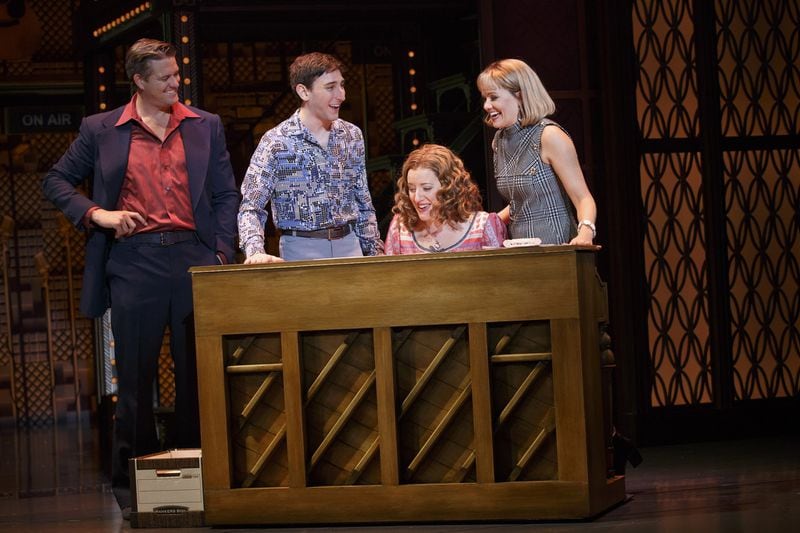 From "Beautiful: The Carole King Musical" - (l to r) Curt Bouril ( Don Kirshner ), Ben Fankhauser ( Barry Mann ), Abby Mueller ( Carole King ) and Becky Gulsvig ( Cynthia Weil ). Photo: Joan Marcus