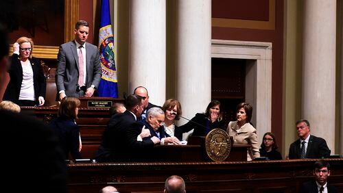 Minnesota Gov. Mark Dayton collapses while giving his annual State of the State address at the state Capitol in St. Paul, Minn., Monday, Jan. 23, 2017. The 69-year-old Democrat was helped into a back room and appeared to be conscious.