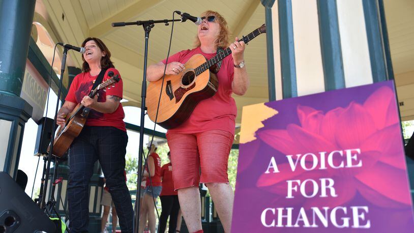 August 17, 2019 Decatur - The Indigo Girls performs during Recess Rally at Decatur Square on Saturday, August 17, 2019. Gun control groups held rallies in all 50 states this weekend to urge the Senate to pass universal background checks, and a strong Red Flag law.Organized by Moms Demand Action and Students Demand Action. (Hyosub Shin / Hyosub.Shin@ajc.com)
