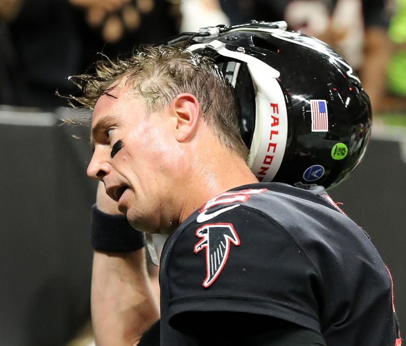 Falcons quarterback Matt Ryan walks off the field after falling 26-18 to the New Orleans Saints in a NFL football game on Thursday, November 28, 2019, in Atlanta.  Curtis Compton/ccompton@ajc.com