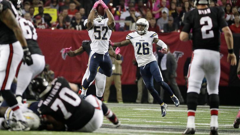 Falcons quarterback Matt Ryan throws an interception to San Diego inside linebacker Denzel Perryman in the fourth quarter, eventually leading to a game-tying field goal by the Chargers. The Falcons blew a 27-10 lead and lost in overtime 30-27. (AP photo)