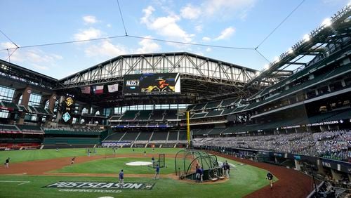 The retractable-roof Globe Life Field in Arlington, Texas, was the scene of this week's Dodgers-Padres NLDS and will be the site of next week's Braves-Dodgers NLCS. (AP Photo/Tony Gutierrez)