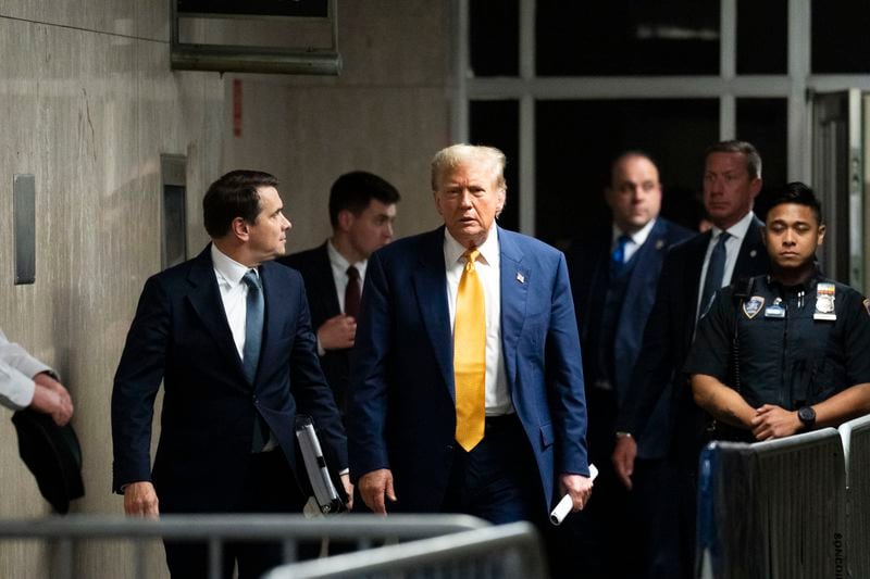 Republican presidential candidate, former President Donald Trump walks to reporters to make a statement at the end of the day of his trial at the Manhattan criminal court, Thursday, May, 2, 2024, in New York. (Doug Mills/The New York Times via AP, Pool)
