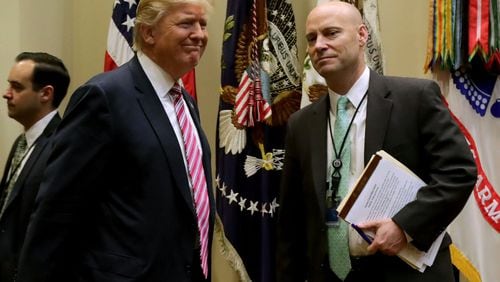 President Donald Trump arrives for a White House meeting with his director of legislative affairs, Marc Short, and House of Representatives committee leaders in March to discuss the American Health Care Act. (Photo by Chip Somodevilla/Getty Images)