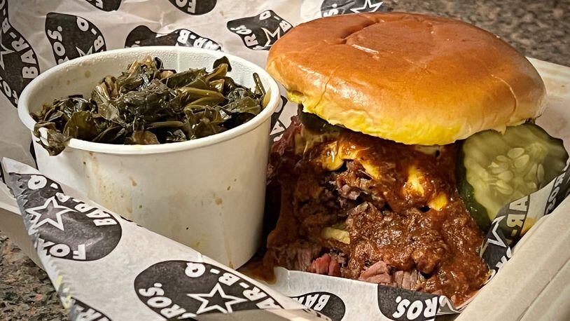 The Terlingua Pride from Fox Bros. Bar-B-Q overflows with a filling of chopped brisket topped with brisket chili. Henri Hollis/henri.hollis@ajc.com